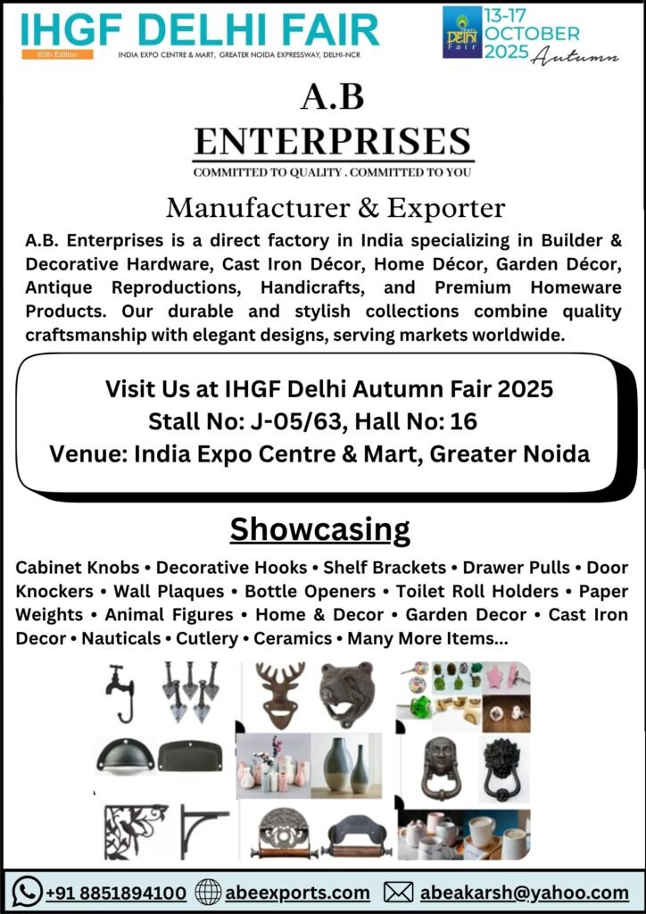 A.B. Enterprises at IHGF Delhi Fair Autumn 2025 – Stall J-05/63 Hall 16, showcasing decorative hardware, cast iron décor, handicrafts, and premium homeware products